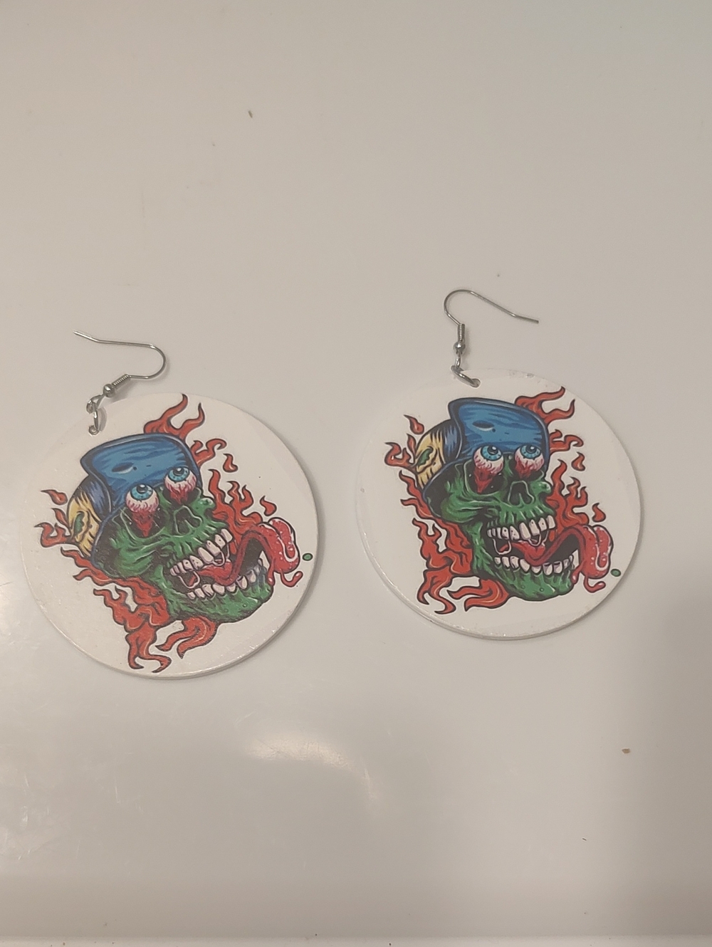 Graphic Green Skull Zombie Round Wooden Statement Earrings
